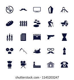 Old icon. collection of 25 old filled icons such as bread, castle, brush, chest, gramophone, spa stone, fence, hourglass, gun, sword. editable old icons for web and mobile.
