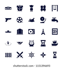 Old icon. collection of 25 old filled icons such as eiffel tower, gate, woman hat, abacus, camera tape, fence, record player, swing. editable old icons for web and mobile.