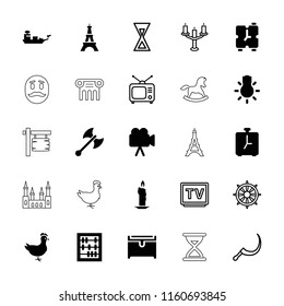 Old icon. collection of 25 old filled and outline icons such as eiffel tower, chest, abacus, candle, camera, camera bulb, alarm. editable old icons for web and mobile.
