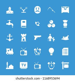Old icon. collection of 25 old filled icons such as mosque, castle, train toy, book, brush, scythe, tv, paper, watering system. editable old icons for web and mobile.