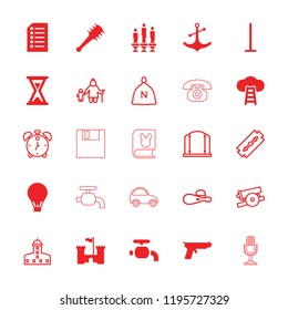 Old icon. collection of 25 old filled and outline icons such as anchor, air balloon, hourglass, ladder to the sky, mace, gun, castle. editable old icons for web and mobile.