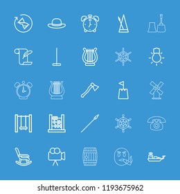 Old icon. collection of 25 old outline icons such as mop, woman hat, feather and paper, abacus, rocking chair, camera, metronome, harp. editable old icons for web and mobile.