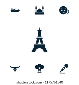 Old icon. collection of 7 old filled icons such as bull skull, eiffel tower, smoking emot, ladder to the sky, water military, mosque. editable old icons for web and mobile.