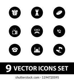 Old icon. collection of 9 old filled icons such as bread, desk phone, alarm, hourglass, mosque, mustache and glasses, call. editable old icons for web and mobile.