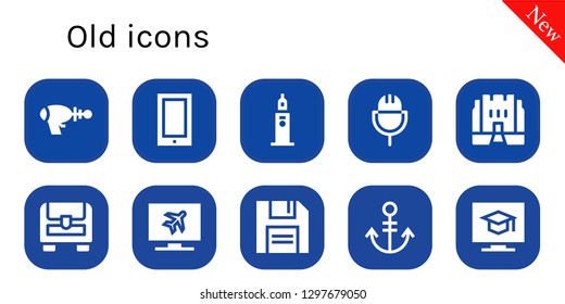  old icon set. 10 filled old icons. Simple modern icons about  - Blaster, Phone, Clock tower, Microphone, Medieval, Chest, Television, Diskette, Anchor