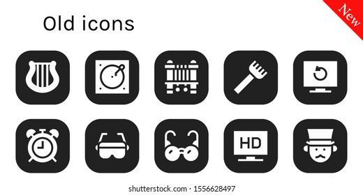 old icon set. 10 filled old icons.  Collection Of - Harp, Turntable, Sewing machine, Rake, Television, Alarma clock, Glasses, Gentleman icons