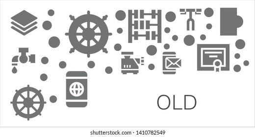 old icon set. 11 filled old icons.  Collection Of - Albums, Helm, Tap, Meat grinder, Smartphone, Abacus, Handlebar, Diploma