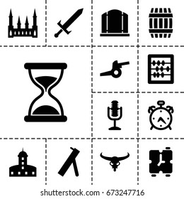 Old icon. set of 13 filled oldicons such as barrel, bull skull, alarm, castle, gate, hourglass, abacus, microphone, sword