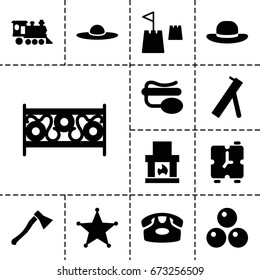 Old icon. set of 13 filled oldicons such as desk phone, woman hat, fence, locomotive, pin microphone, sheriff, castle tower, alarm, axe weapon, canon ball, cannon