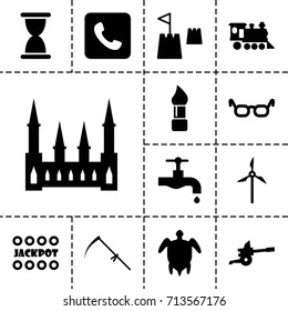 Old icon. set of 13 filled old icons such as castle, brush, jackpot, tap, scythe, locomotive, call, turtle  illsutration, castle tower, mill, cannon, glasses