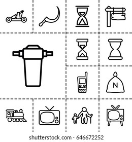 Old icon. set of 13 outline old icons such as sack, scythe, direction board, locomotive, old phone, tap, hourglass, catapult, old man with child