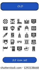  old icon set. 25 filled old icons. Simple modern icons about  - Compass, Hourglass, Water tank, Television, Fridge, Roma, Smartphone, Coif, Vinyl, Dagger, Tower, Money bag, Recorder