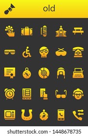old icon set. 26 filled old icons.  Collection Of - Tap, Horn, Travel bag, Barber, Church, Bench, Sunglasses, Disability, Skull, Telephone, Diploma, Compass, Vinyl, Coif, Typewriter