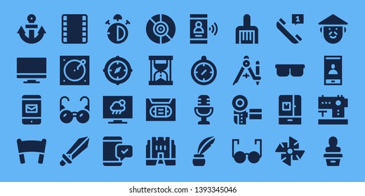 old icon set. 32 filled old icons. on blue background style Simple modern icons about  - Anchor, Tv, Smartphone, Banner, Film strip, Turntable, Glasses, Sword, Stop watch, Compass