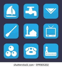 old icon. Set of 9 filled old icons such as castle, mosque, desk phone, mop, tap, cravat, TV, sailboat