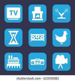 Old icon. set of 9 filled old icons such as chicken, castle, fence, camera, TV, record player, watering system, hourglass