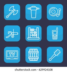 Old icon. set of 9 outline old icons such as barrel, old phone, gramophone, tv, tap, axe weapon, mace, cannon