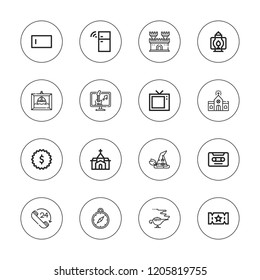 Old icon set. collection of 16 outline old icons with badge, cassette, castle, call, church, compass, frame, magic lamp, fridge, lantern, type, television, ticket icons.