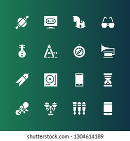 old icon set. Collection of 16 filled old icons included Smartphone, Beer tap, Street light, Diploma, Hourglass, Turntable, Compass, Gramophone, Yueqin, Glasses, Rocking horse