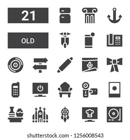 old icon set. Collection of 21 filled old icons included Turntable, Television, Dreamcatcher, Church, Vase, Smartphone, Camcorder, Throne, Phone, Bow tie, Microphone, Rolling pin