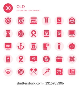 old icon set. Collection of 30 filled old icons included Alarm clock, Hourglass, Arcade machine, Column, Phone, Chronometer, Ribbon, Smartphone, Television, Anchor, Lantern, Microphone