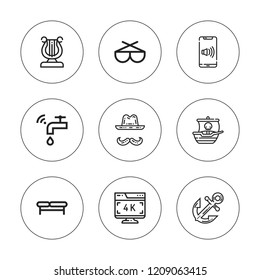 Old icon set. collection of 9 outline old icons with anchor, bench, cowboy, faucet, galleon, harp, smartphone, sunglasses icons. editable icons.