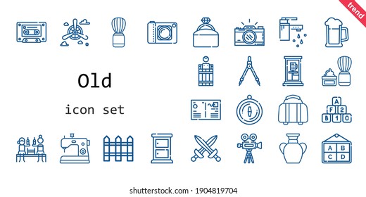 old icon set. line icon style. old related icons such as bricks, shaving brush, barrel, tap, propeller, engagement ring, sewing machine, swords, video camera, vase, phone box, cassette, photo 