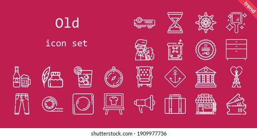 old icon set. line icon style. old related icons such as eiffel tower, megaphone, tickets, ink pen, stamp, jeans, hand mirror, professor, vodka, tape, armchair, luggage, projector, compass