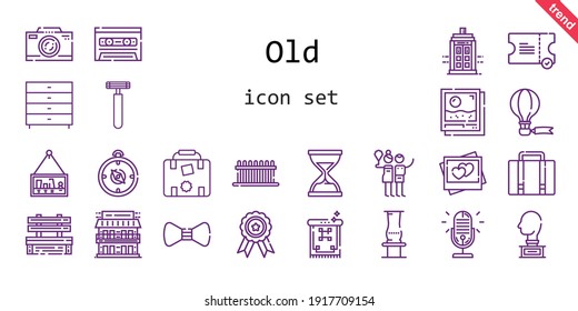 old icon set  line icon style  old related icons such as police box  bench  ticket  birch  photo  sculpture  vase  cassette  motel  photo camera  picture  badge  hot air balloon  bow tie  luggage