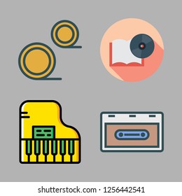 old icon set. vector set about piano, cassette, open book and coins icons set.