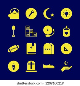old icon. old vector icons set hand islam sign, grave, school bell and bulb