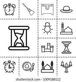 Old icons. set of 13 editable outline old icons such as mosque, woman hat, castle, gramophone, camera bulb, candlestick, hourglass, alarm, mop