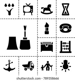 Old icons. set of 13 editable filled old icons such as horse toy, brush, chest, abacus, old man with child, tv, anchor, camera bulb, desk phone, watering system, hourglass