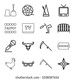 Old icons. set of 16 editable outline old icons such as bull skull, glasses, camera tape, scythe, fence, tv, knee hammer reaction check, microphone, metronome, compass