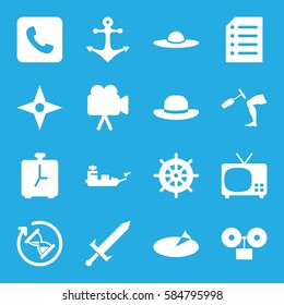 old icons set. Set of 16 old filled icons such as helm, woman hat, camera, knee hammer reaction check, call, paper, anchor, sundial, hourglass, alarm, sword, compass