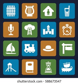 old icons set. Set of 16 old filled icons such as barrel, alarm, train toy, book, woman hat, man in home, direction board, old phone, hourglass, microphone, harp, sailboat