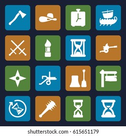Old icons set. set of 16 old filled icons such as brush, nail polish, woman hat, direction board, hourglass, alarm, mace, axe weapon, compass, cannon, water military