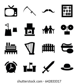 Old icons set. set of 16 old filled icons such as castle, mustache, woman hat, scythe, fence, pin microphone, harp, castle tower, alarm, sword, tv, gramophone, abacus
