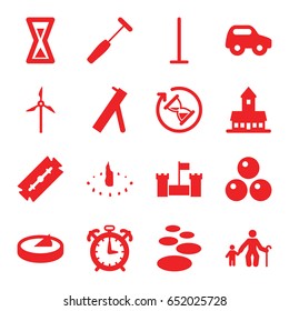 Old icons set. set of 16 old filled icons such as castle, toy car, razor, mop, medical hammer, mill, sundial, hourglass, alarm, canon ball, cannon, spa stone