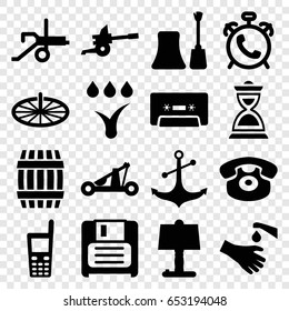 Old icons set. set of 16 old filled icons such as barrel, alarm, nail polish, hands washing, anchor, old phone, desk phone, diskette, hourglass, cassette, watering system