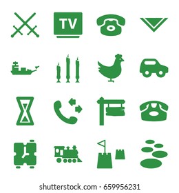 Old icons set. set of 16 old filled icons such as chicken, toy car, desk phone, cravat, call, direction board, locomotive, tv, candle, castle tower, hourglass, alarm