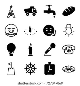 Old icons set. set of 16 old filled and outline icons such as bread, toy car, tap, smoking emot, helm, microphone, air balloon, sundial, alarm, eiffel tower, camera bulb