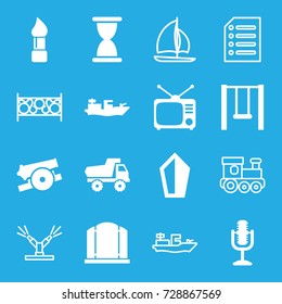 Old icons set. set of 16 old filled and outline icons such as toy car, gate, brush, tv, microphone, swing, cannon, water military, sword, train toy, fence, paper
