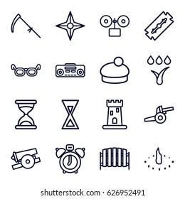 Old icons set. set of 16 old outline icons such as castle, razor, hourglass, woman hat, scythe, fence, record player, watering system, sundial, alarm, cannon, compass, glasses