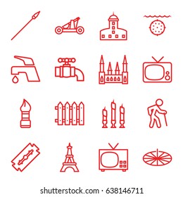 Old icons set. set of 16 old outline icons such as castle, eiffel tower, razor, brush, tap, fence, candle, sundial, catapult, spear, water military, old man
