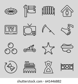 Old icons set. set of 16 old outline icons such as castle, man in home, scythe, fence, direction board, hands washing, pin microphone, hourglass, tv, sheriff, sundial