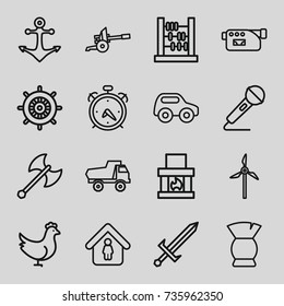 Old icons set. set of 16 old outline icons such as alarm, chicken, toy car, helm, brush, man in home, camera, microphone, anchor, mill, sword, axe weapon, cannon, abacus