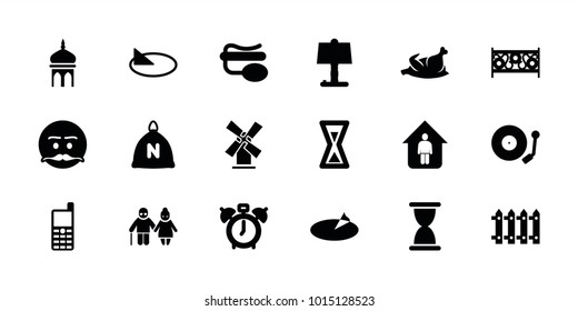 Old icons. set of 18 editable filled old icons: sack, clock alarm, emot with mustache, table lamp, hourglass, fence, pin microphone, gramophone, sundial, chicken, mosque, mill