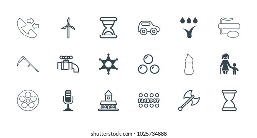 Old icons. set of 18 editable filled and outline old icons: watering system, sheriff, castle, toy car, jackpot, tap, mill, hourglass, axe weapon, canon ball, brush, call
