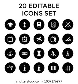 Old icons. set of 20 editable filled old icons such as alarm, eiffel tower, book, brush, tv, sword, castle, candle, fence, anchor. best quality old elements in trendy style.